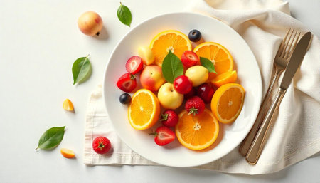 Bright fruit plate with oranges, berries and golden cutleryの写真素材