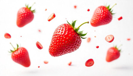 Floating strawberries and slices isolated on white backgroundの写真素材