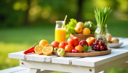 Healthy summer picnic with fresh fruits and vegetablesの写真素材