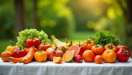 Fresh fruits and vegetables on table with blurred backgroundの写真素材