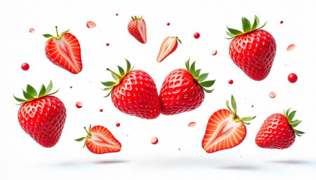 Fresh strawberries floating on a white background. Cut strawberries.の写真素材
