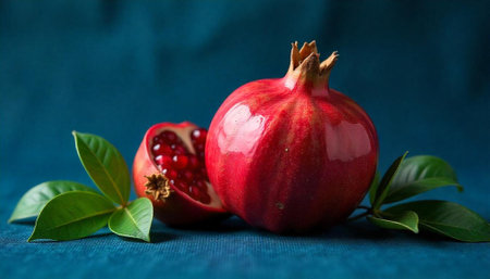 Ripe pomegranates with leaves against a dark blue backgroundの写真素材