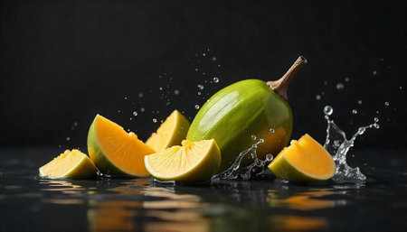 Lime and orange slices with splash on dark backgroundの写真素材