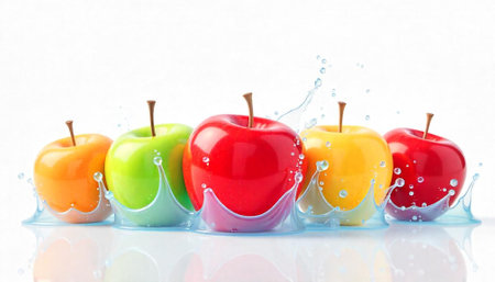 Fresh colorful apples with water splash isolated on whiteの写真素材