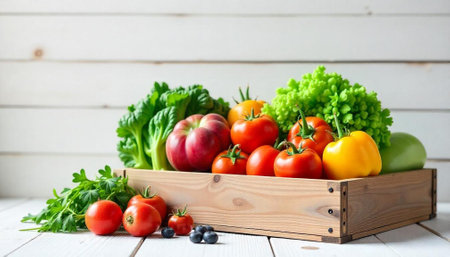 Freshly harvested organic vegetables and fruits in wooden crateの写真素材