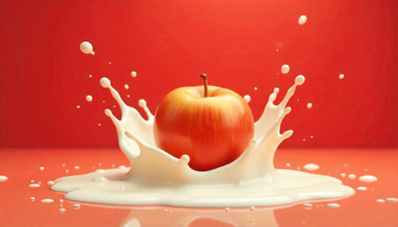 Apple dropped into milk creating splash on red backgroundの写真素材