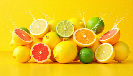 Vibrant citrus fruit medley with splashing water on yellow backdropの写真素材