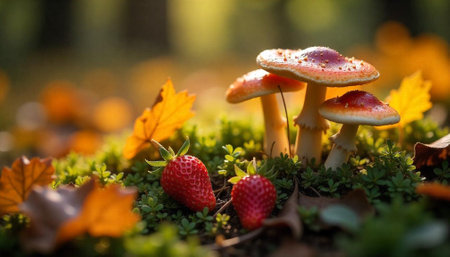 Strawberries and toadstools in golden light on forest floor