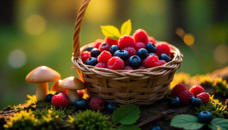 Berry basket bounty on mossy woodland floor settingの写真素材