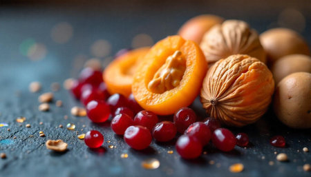 Fresh apricots, walnuts, and red berries on a dark background