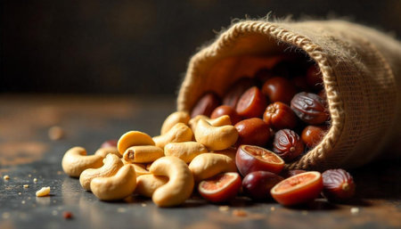 Cashews, plums, and dates spilling from a burlap sackの写真素材