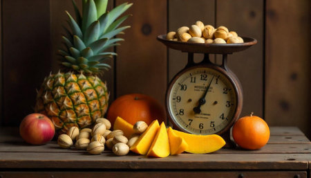 Still life of assorted fruits with vintage scaleの写真素材