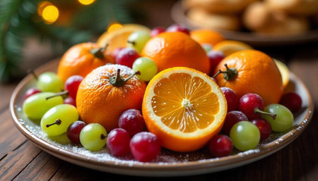 Festive fruit arrangement featuring oranges and colorful grapesの写真素材