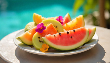 Assorted melon slices with flowers near a pool backdropの写真素材