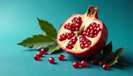 Fresh Pomegranate Half with Seeds on Blue Backgroundの写真素材