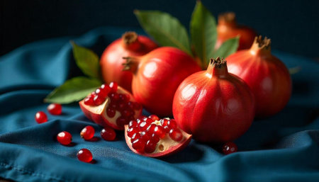 Ripe Pomegranates with Seeds on Blue Silk Fabric Still Lifeの写真素材