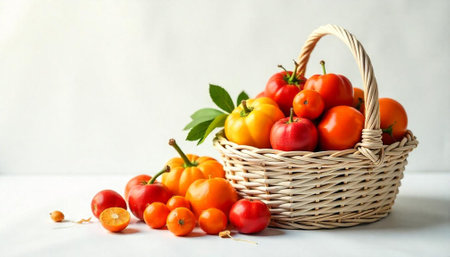 Colorful autumn harvest in a wicker basket arrangementの写真素材