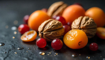 Assortment of fresh fruits and nuts on dark backgroundの写真素材