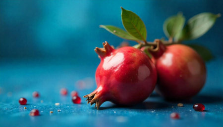 Vibrant pomegranate arrangement on a textured blue surface close-upの写真素材