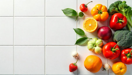Vibrant assortment of fruits and vegetables on tiled surfaceの写真素材