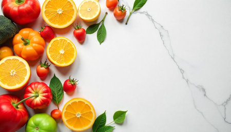 Fresh fruits and vegetables on a marble backgroundの写真素材