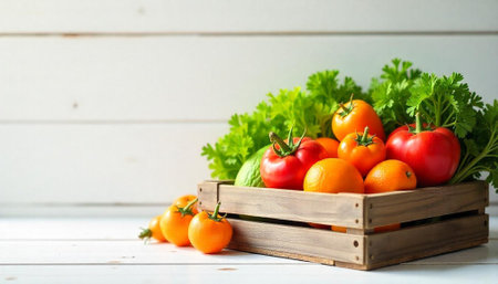 Fresh vegetables and fruits in wooden crate against white backgroundの写真素材