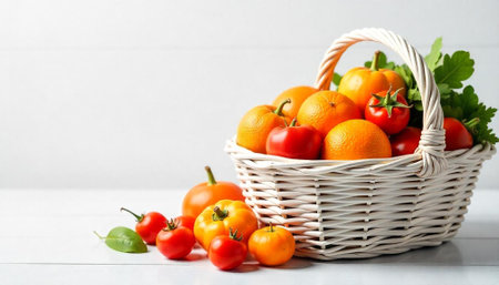 Wicker basket filled with fresh fruits and vegetablesの写真素材