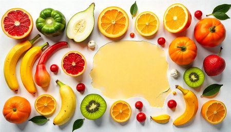 Overhead shot of colorful fruits and vegetables arrangement