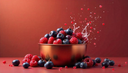 Bowl of raspberries and blueberries on red background