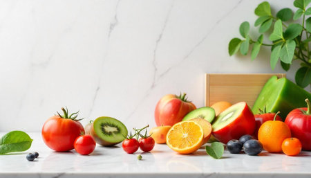 Fresh fruit and vegetables arranged on a marble surfaceの写真素材