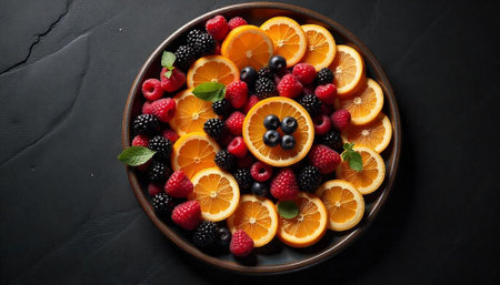 Delicious citrus and berries on a plate on dark backdropの写真素材