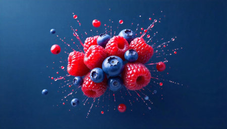 Raspberries and Blueberries Exploding with Color on Dark Blueの写真素材