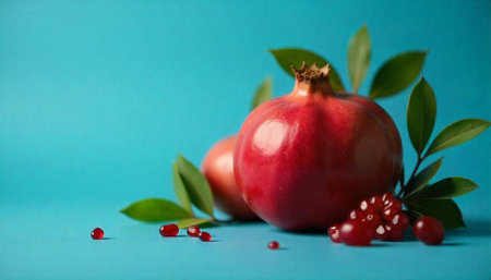 Vibrant pomegranate still life on bright blue background surfaceの写真素材