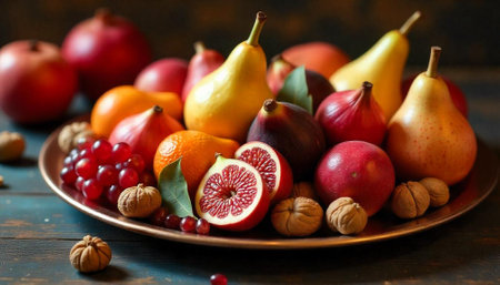 Abundant Autumnal Fruit Platter on Rustic Wooden Surface