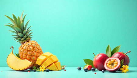 Assorted tropical fruit composition against a vibrant backgroundの写真素材