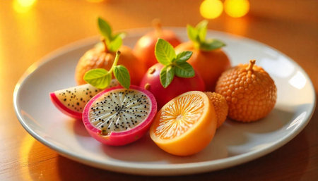 Bright and colorful plate of exotic fruits arrangement