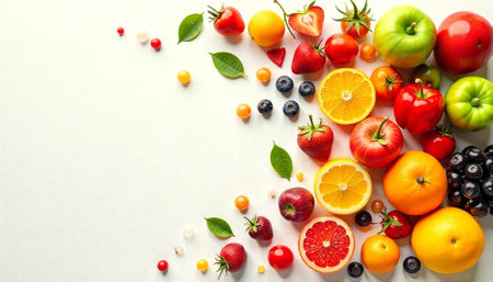 Assorted fresh fruits and vegetables arranged on white backdrop