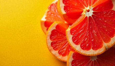 Bright red grapefruit slices against vibrant yellow background studio shotの写真素材