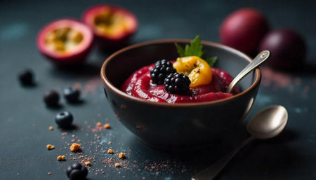 Fruit dessert with berries in ceramic bowl presentationの写真素材