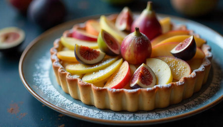 Delicious fig and apple tart with powdered sugar dustingの写真素材