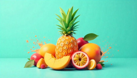 Arrangement of assorted fresh fruits on a vibrant backgroundの写真素材