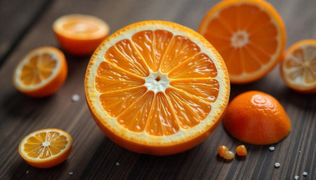 Fresh orange halves on wooden surface macro shot