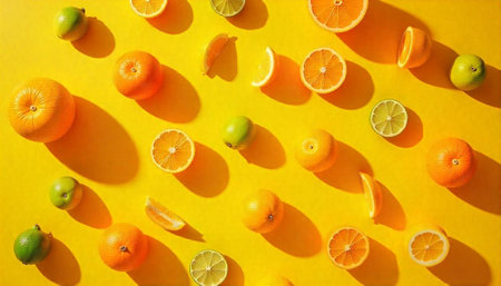Bright Citrus Fruit Still Life on Vibrant Yellow Backgroundの写真素材