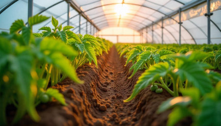 Green seedlings growing in greenhouse at sunset for agriculture