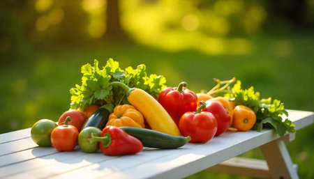 Freshly harvested vegetables on a white table in sunlightの写真素材