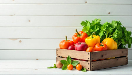 Fresh produce in crate on white wooden surface backgroundの写真素材