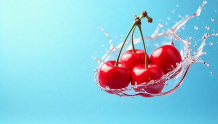 Fresh ripe cherries in water splash on bright backgroundの写真素材