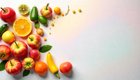 Fresh colorful fruits and vegetables composition on neutral backgroundの写真素材