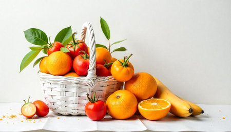 Fresh fruit and vegetables in white woven basket still lifeの写真素材