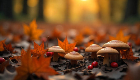 Autumn mushrooms and foliage at sunset, rustic fall sceneの写真素材